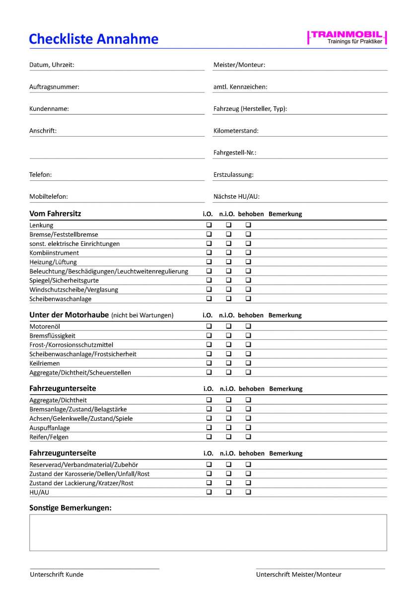 Checkliste Fahrzeugannahme | Checklisten | Werkstattwissen | Trainmobil, Trainings für Praktiker ...