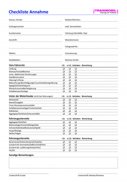 Checkliste Fahrzeugannahme